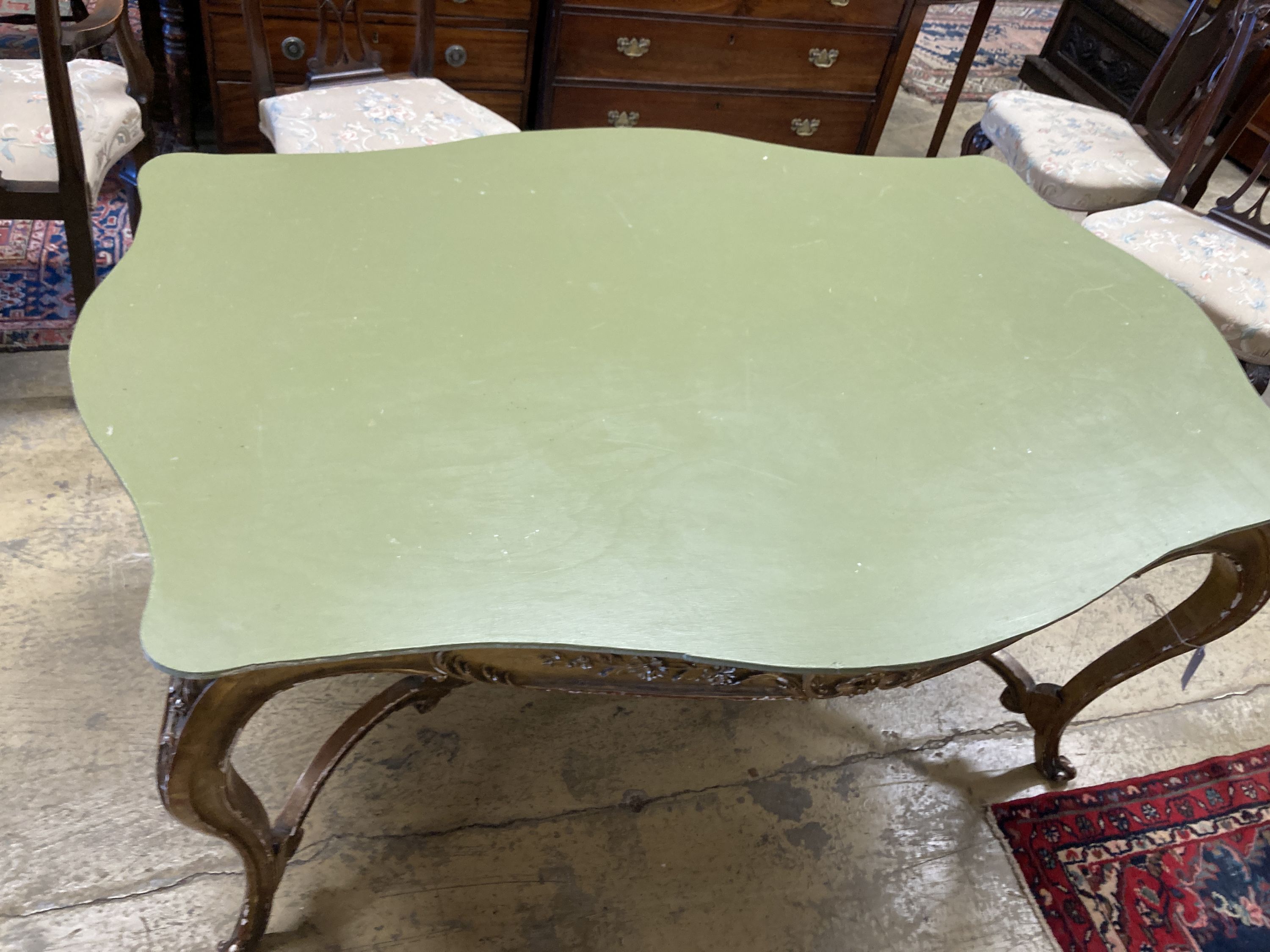 A large 19th century gilt carved wood and plaster cente table (lacking top), width 150cm, depth - Image 2 of 4