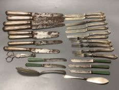 Four George IV silver handled table knives and four similar desert knives and a quantity of silver