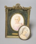 A framed portrait miniature of Marie Therese, overall 15.5cm high, and another similar miniature