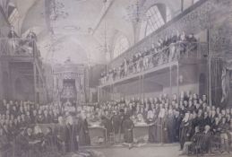An early 19th century engraving, View of the interior of the House of Lords 1820, 33 x 46cm