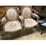A set of six French giltwood and gesso tapestry back chairs (two with arms)