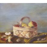 Early 20th century English School, oil on canvas, Still life of pears in a basket, initialled MK, 38