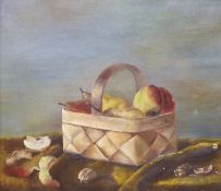 Early 20th century English School, oil on canvas, Still life of pears in a basket, initialled MK, 38