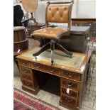 A reproduction inlaid mahogany pedestal desk, width 122cm, depth 61cm, height 80cm together with a