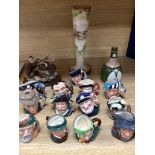 Thirteen Royal Doulton character jugs, a Copeland Spode vase and two other pieces