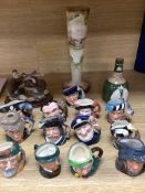 Thirteen Royal Doulton character jugs, a Copeland Spode vase and two other pieces