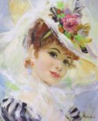 John Strevens (1902-1990), oil on board, Portrait of an Edwardian young lady wearing a floral hat,