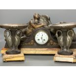 A large Art Deco patinated spelter and marble figural clock garniture, signed P. Seca, longest piece