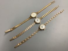 Three assorted lady's modern 9ct gold Avia quartz wrist watches on 9ct gold bracelets,gross weight