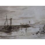 19th century English School, monochrome watercolour, Fisherfolk on the beach, 22 x 29.5cm and Robert