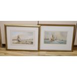 EAS c.1900, watercolour, Fishing boats off the coast, initialled, 17 x 28cm and another similar