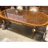 A French kingwood banded burr walnut dining table, length 220cm, depth 98cm, height 77cm