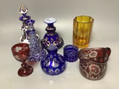 Mixed overlaid and etched glass, bottles, etc. tallest 18cm