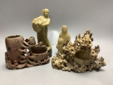 Four Chinese soapstone carvings, H 19.5cm (largest)