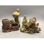 Four Chinese soapstone carvings, H 19.5cm (largest)