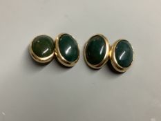 A pair of modern 9ct gold and oval cabochon bloodstone set cufflinks,gross 9.9 grams.