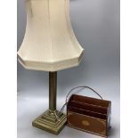 A brass corinthian table lamp and an Edwardian inlaid mahogany letter rack