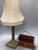 A brass corinthian table lamp and an Edwardian inlaid mahogany letter rack