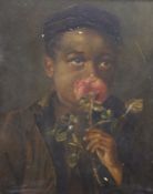 English School c.1900, oil on board, Urchin smelling a rose, 21 x 17cm