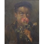 English School c.1900, oil on board, Urchin smelling a rose, 21 x 17cm