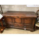 An 18th century panelled pine mule chest, length 128cm, depth 51cm, height 76cm