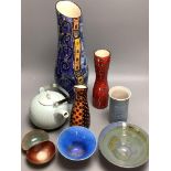 A Karyn Pepper studio vase, five others and a Hornsea teapot