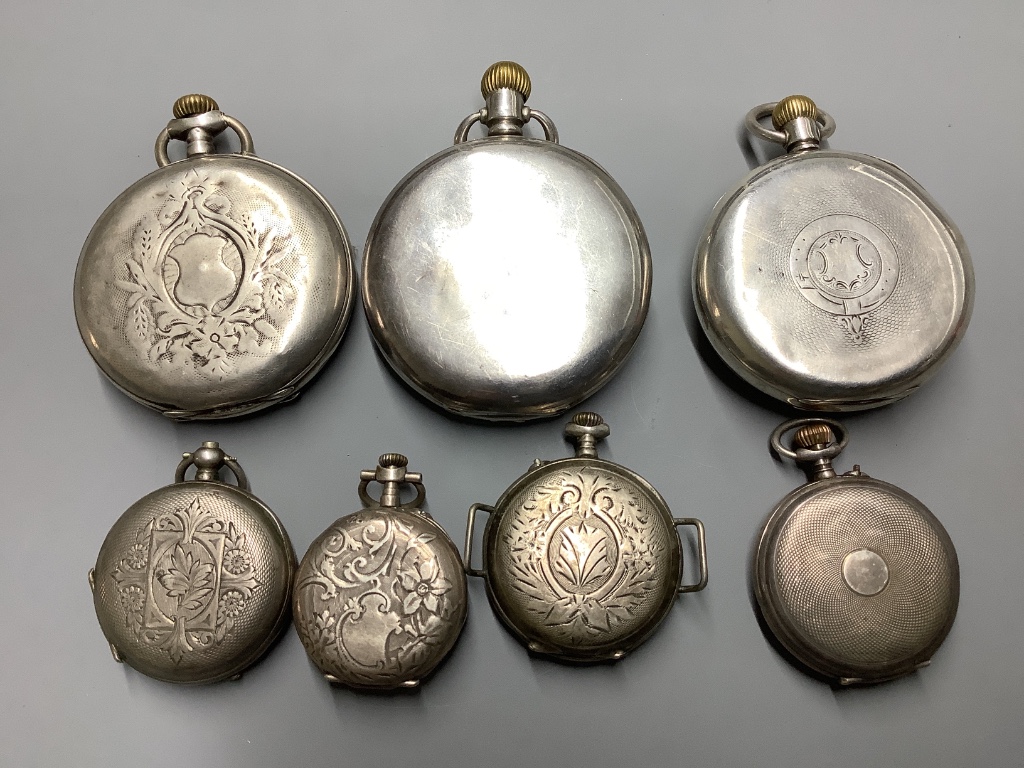 A silver half hunter pocket watch and six other white metal pocket or fob watches - Image 2 of 2
