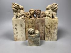 Two pairs of Chinese soapstone seals and another smaller, tallest 17.5cmProvenance: Henri Ely Thence