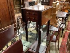 A Victorian mahogany drop flap work table, width 50cm, depth 38cm, height 66cm