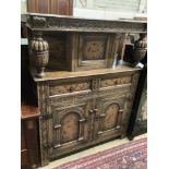 A reproduction 17th century style marquetry inlaid oak court cupboard, length 122cm, depth 43cm,