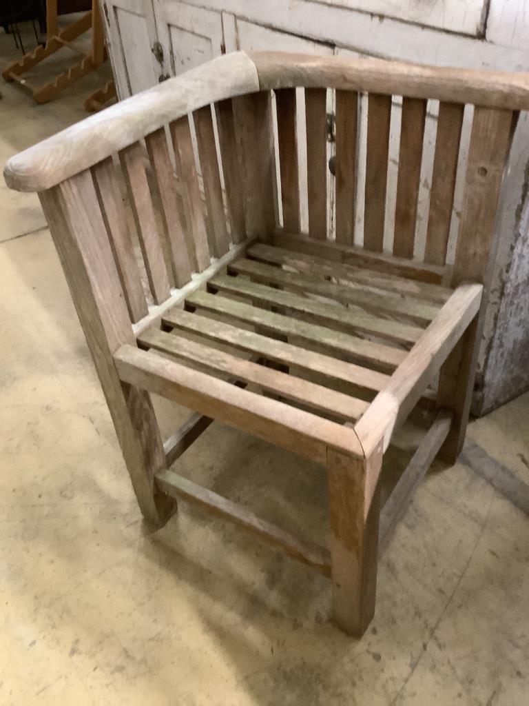 A Heals type weathered square teak garden table, 90cm, height 72cm and four chairs - Image 2 of 3