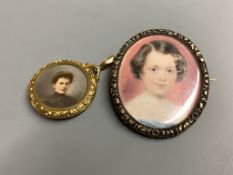 An 18ct mounted double sided miniature portrait pendant and one other gilt metal mounted similar