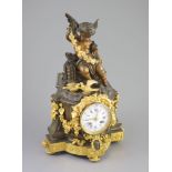 A large French figural bronze and ormolu mantel clock, 19th centurythe enamelled dial with blue