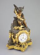 A large French figural bronze and ormolu mantel clock, 19th centurythe enamelled dial with blue
