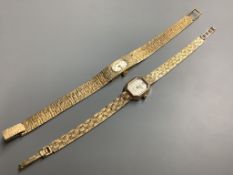 Two lady's modern 9ct gold Avia wrist watches on 9ct gold bracelets, one quartz, one manual wind