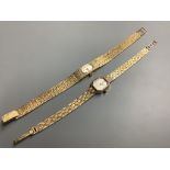 Two lady's modern 9ct gold Avia wrist watches on 9ct gold bracelets, one quartz, one manual wind