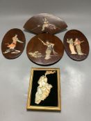 A Chinese engraved and stained bone plaque and four shibayama plaques