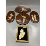 A Chinese engraved and stained bone plaque and four shibayama plaques