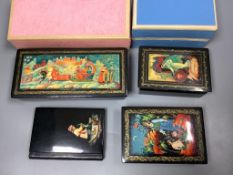 A group of three Russian Palekh lacquered boxes and similar address book