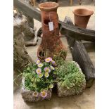 A terracotta strawberry pot, height 56cm together with a pair of stone square garden planters,,