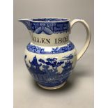 A pearlware ‘Pocock and Allen 1802’ blue and white jug, height 20.5cm