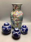 A Chinese enamelled porcelain baluster vase and three Chinese prunus blossom ginger jars, tallest