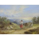 English School, oil on board, Woman leading donkeys in a landscape, indistinctly signed, 24 x 31cm