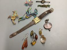 Assorted jewellery including a 9ct and gem set bar brooch, 925 and costume and a Raymond Weil gold