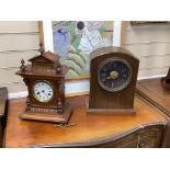 A French oak mantel clock and a German walnut mantel clock, tallest 40cm