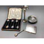 A silver cigarette case, coffee spoons, small bowl, vase and a small modern spoon by Guild of