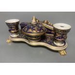 A Derby porcelain blue and gilt decorated inkstand, c.1820, width 21cm