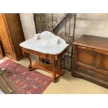 A Victorian satin walnut marble top washstand, width 90cm, depth 46cm, height 68cm