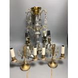 A French boudoir four-light chandelier with clear and amethyst glass pendant drops and a similar