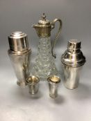 A small group of plated ware including an Art Deco cocktail shaker